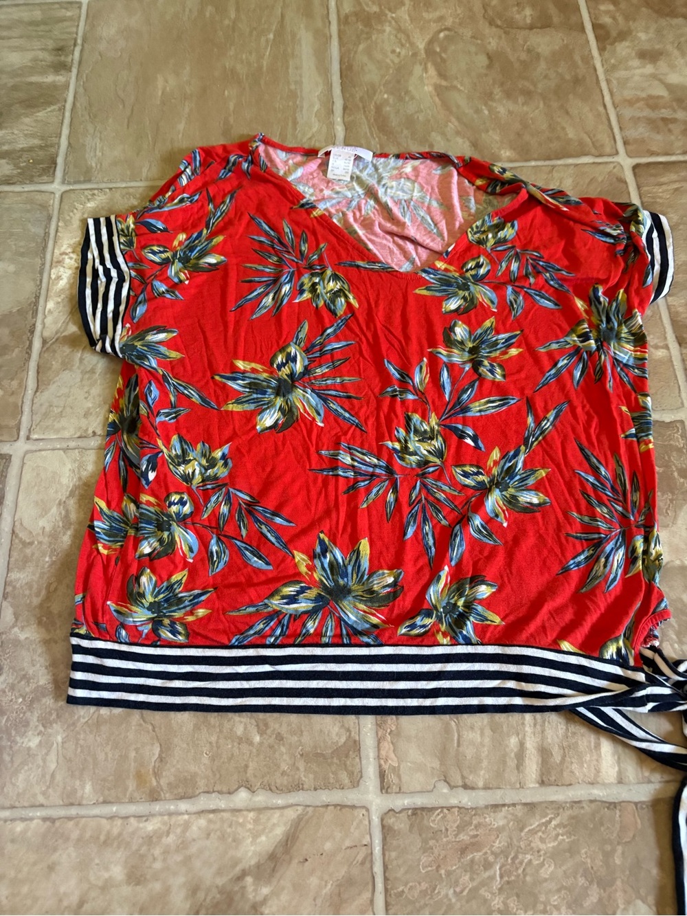 VENUS Red Floral V-Neck Short Sleeve Tunic with Striped Trim